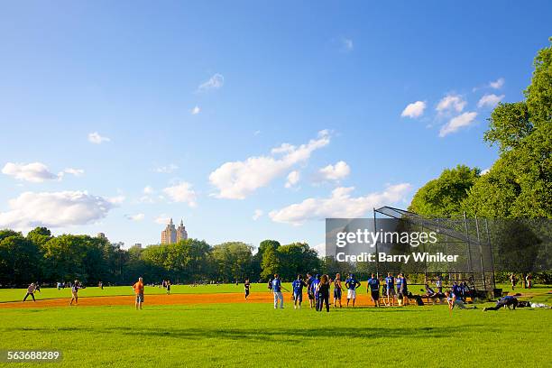 ball game in park surrounded by towers, nyc - barry park foto e immagini stock