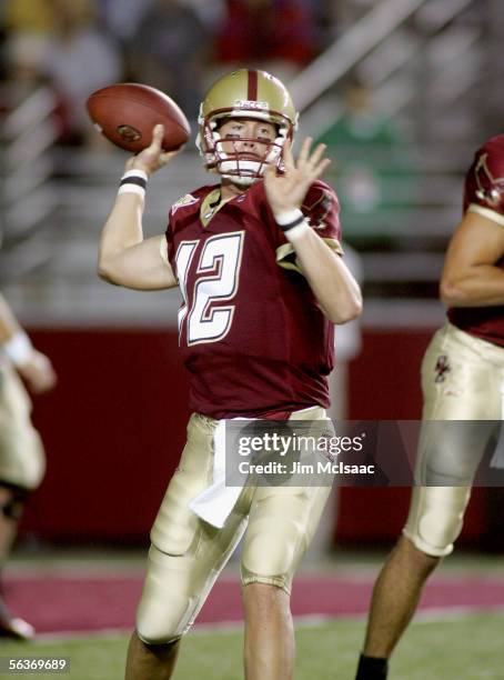 Quarterback Matt Ryan of the Boston College Eagles warms up against the Florida State Seminoles at Alumi Stadium on September 17, 2005 in Chestnut...