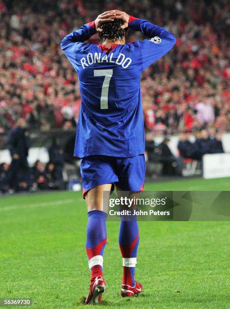 Cristiano Ronaldo of Manchester United looks disappointed during the UEFA Champions League match between Benfica and Manchester United at the Stadium...