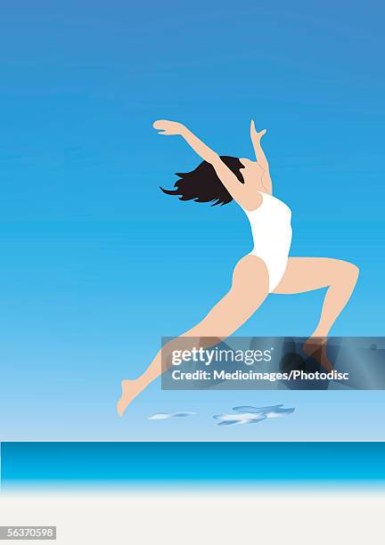 ilustraciones, imágenes clip art, dibujos animados e iconos de stock de side profile of a woman jumping with her arm raised - one piece