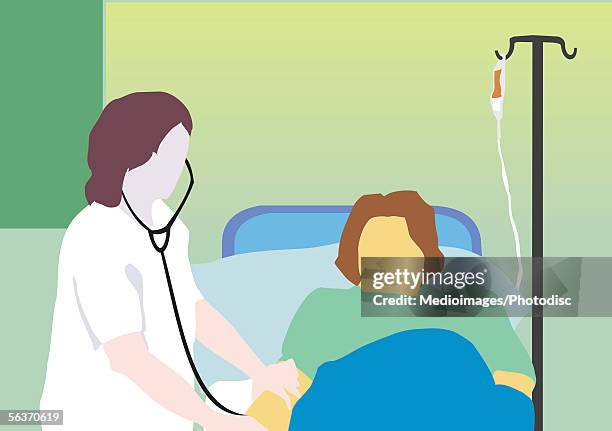 female nurse taking patient's blood pressure with stethoscope - babybett krankenhaus stock-grafiken, -clipart, -cartoons und -symbole