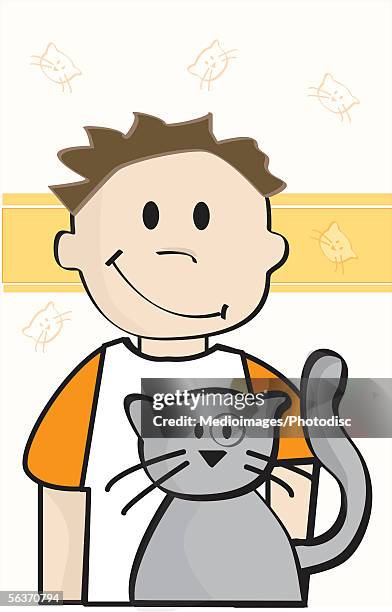 boy standing with a cat - spitzhaarfrisur stock-grafiken, -clipart, -cartoons und -symbole