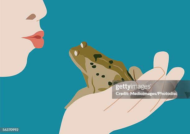 stockillustraties, clipart, cartoons en iconen met woman blowing a kiss to a frog - woman frog hand