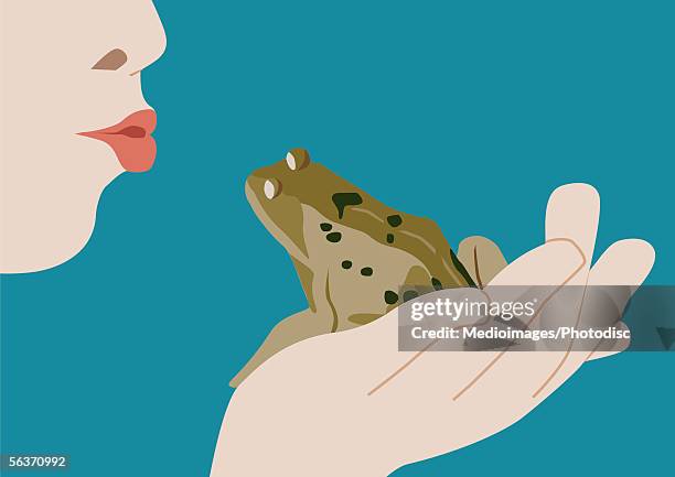 woman blowing a kiss to a frog - woman frog hand stock illustrations