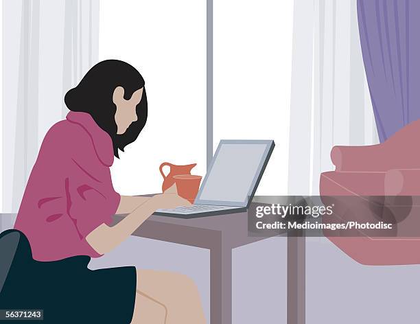 businesswoman working on laptop in hotel room - women on laptop stock illustrations
