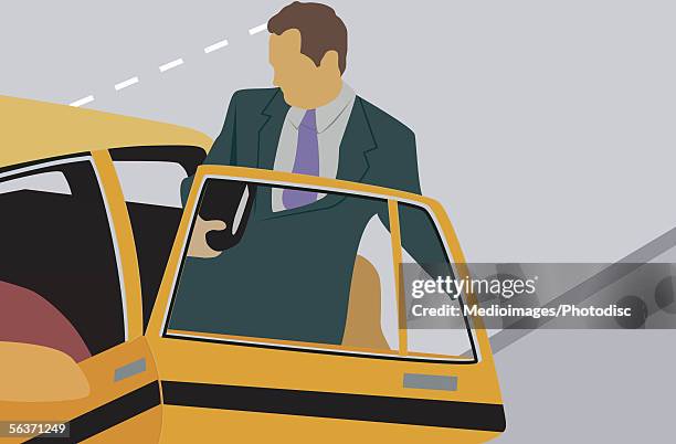 illustrazioni stock, clip art, cartoni animati e icone di tendenza di businessman getting into taxi - taxi giallo