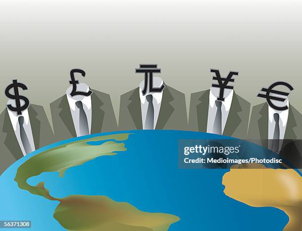 five businessmen sitting around a globe - sitting side by side stock illustrations