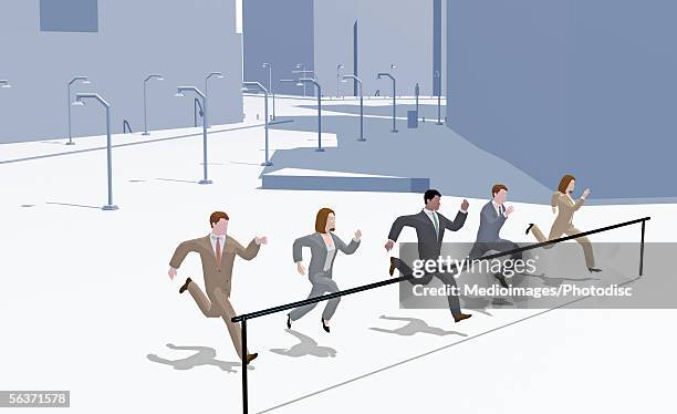 group of business executives running towards a finish line - five people stock illustrations