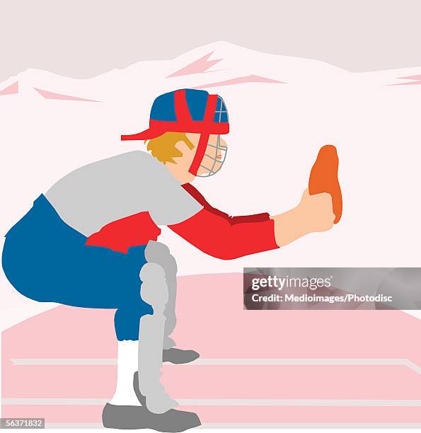 side profile of a baseball player - baseball catcher stock illustrations