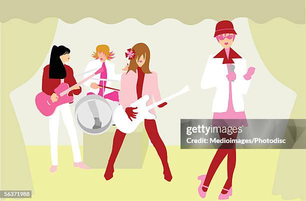 three women in a band - black hair band stock illustrations