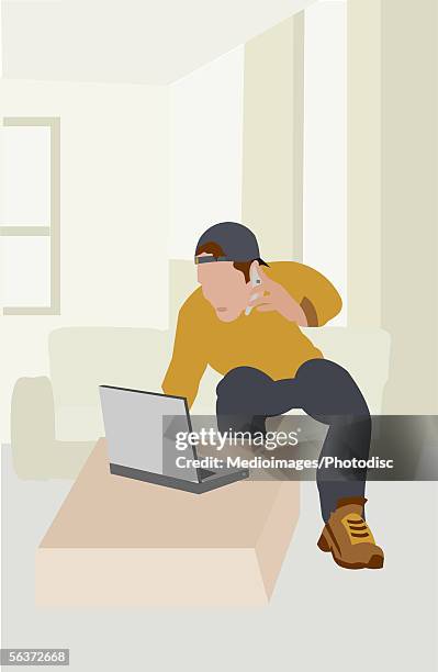 man using a laptop and a mobile phone - using phone couch stock illustrations
