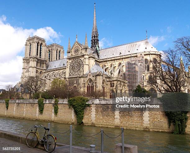 bicycle and notre dame in paris - flying buttress foto e immagini stock