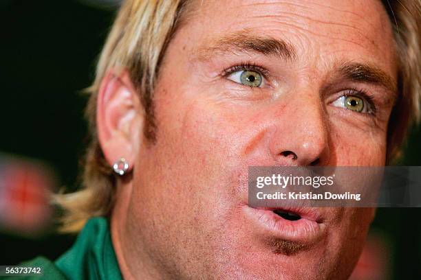 Shane Warne of Australia answers questions from the press during a press conference to announce the renewel of the Cricket Australia and Travelex...
