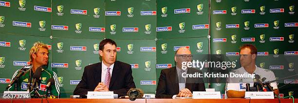 Shane Warne of Australia, Cricket Australia Chief Executive Officer James Sutherland, Travelex Executive Chairman Llyod Dorfman and Matthew Hayden of...