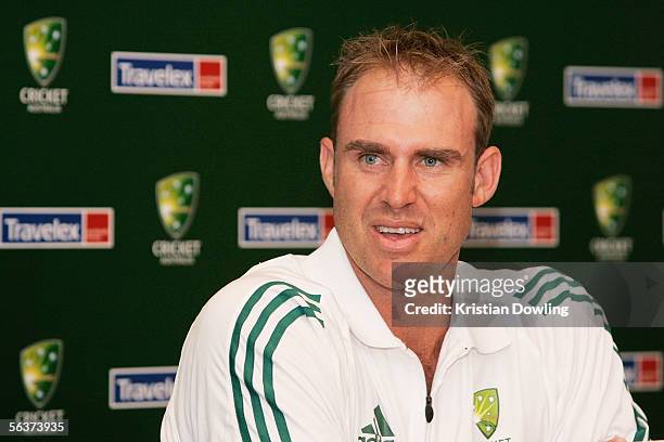 Matthew Hayden of Australia answers questions from the press during a press conference to announce the renewel of the Cricket Australia and Travelex...