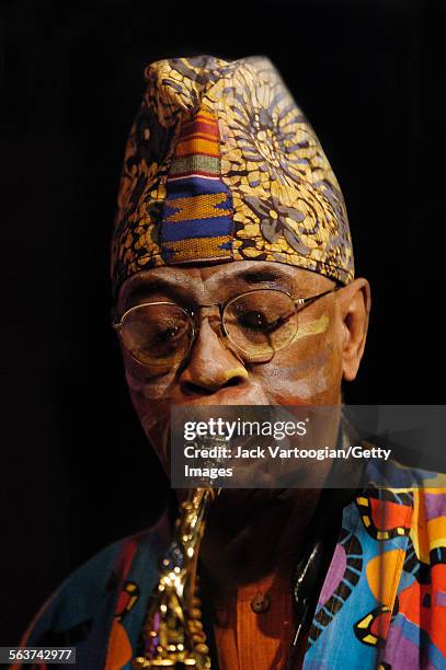 American avant-garde free jazz musician and composer Joseph Jarman plays alto saxophone as he performs with the Art Ensemble of Chicago at Iridium...