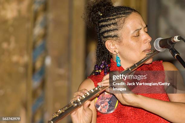 American Jazz composer and musician Nicole Mitchell plays flute as she leads her trio during the Vision Festival X 'Vision for a Just World' concert...