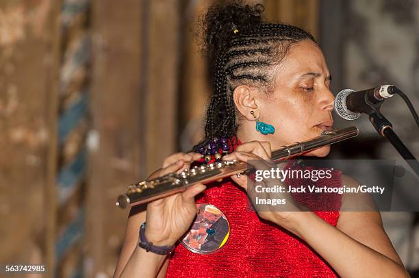 American Jazz composer and musician Nicole Mitchell plays flute as she leads her trio during the Vision Festival X 'Vision for a Just World' concert...