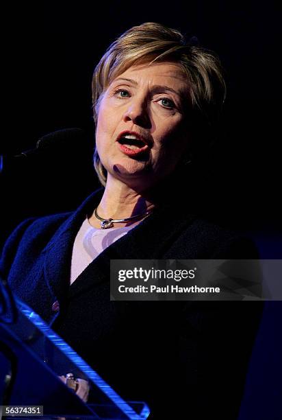 Senator Hillary Rodham Clinton speaks during the Hetrick-Martin Institute's 2005 Emery Awards at Cipriani Wall Street December 7, 2005 in New York...