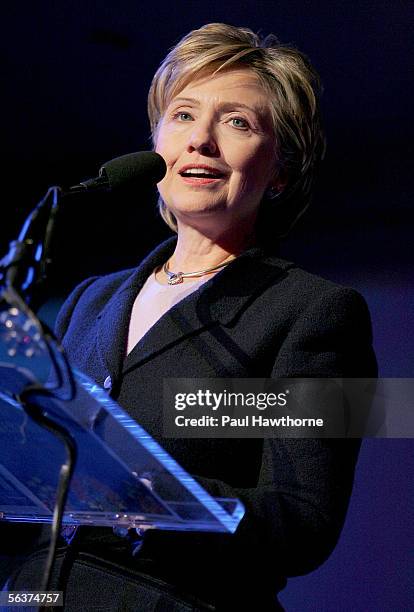 Senator Hillary Rodham Clinton speaks during the Hetrick-Martin Institute's 2005 Emery Awards at Cipriani Wall Street December 7, 2005 in New York...