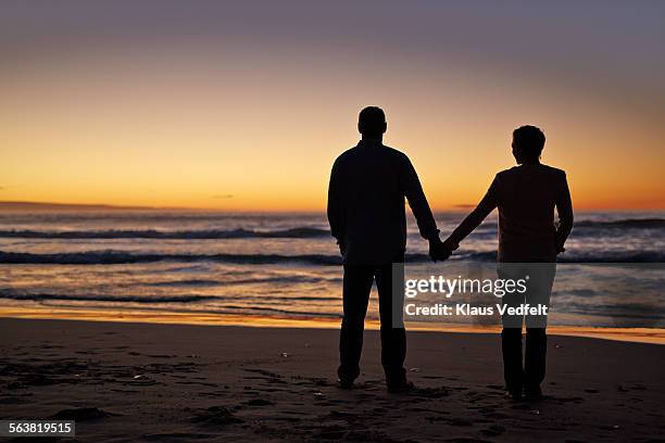 couple holding hands on beach at sunset - silhouette married stock pictures, royalty-free photos & images