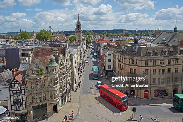 elevated panorama of oxford high street - oxford oxfordshire fotografías e imágenes de stock