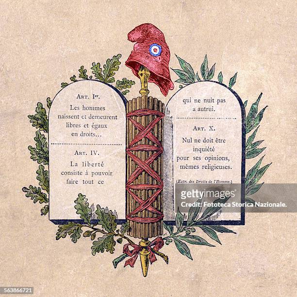 Allegory with the insignia of the Revolution: tables with extracts from the declaration of the rights of man, the Phrygian cap with the tricolor...