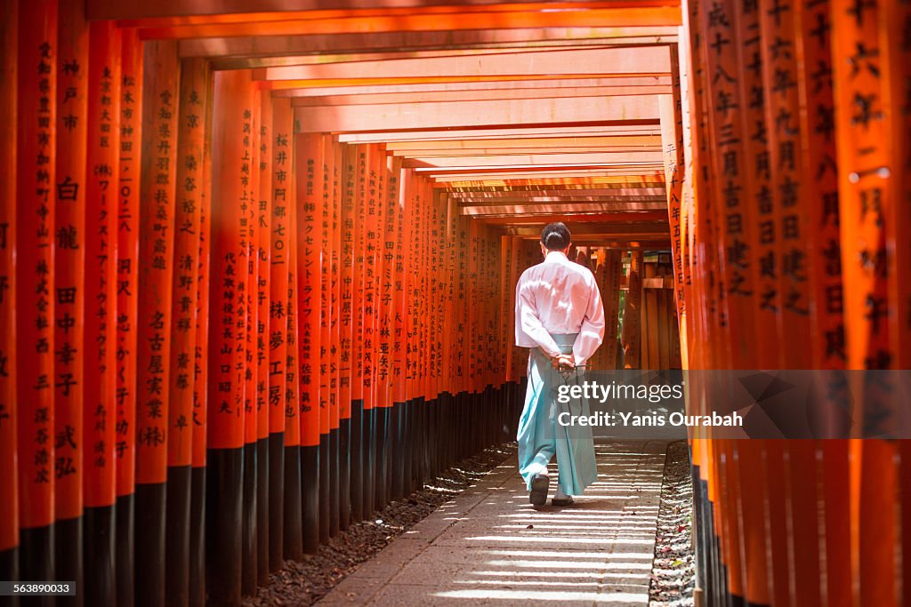 Monk walking in Fushimi inari shrine path of torii