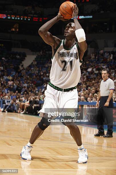 Kevin Garnett of the Minnesota Timberwolves looks to shoots during a game against the Charlotte Bobcats at Target Center on November 19, 2005 in...