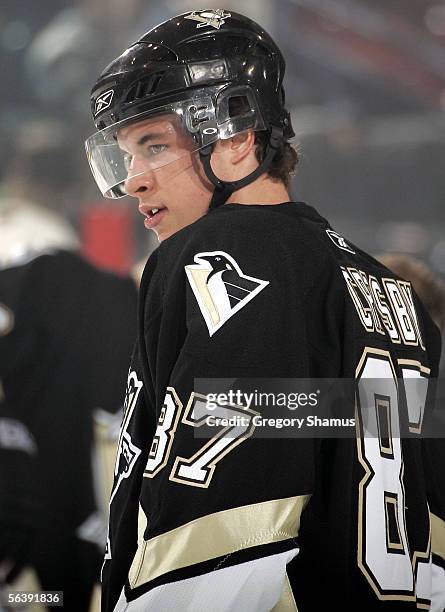 Sidney Crosby of the Pittsburgh Penguins looks on prior to a game against the Minnesota Wild at Mellon Arena on December 8, 2005 in Pittsburgh,...
