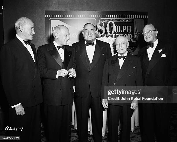 Group of filmmakers, including Adolph Zukor , Cecil B DeMille and Sam Goldwyn , at a party celebrating the 80th birthday of Adolph Zukor, for...