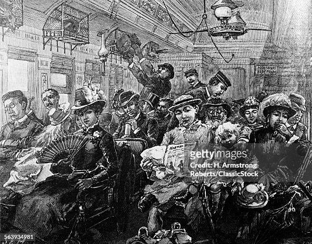1880s ILLUSTRATION CROWDED PASSENGER CAR 19TH CENTURY TRAIN FROM HARPERS MAGAZINE AUGUST 1885