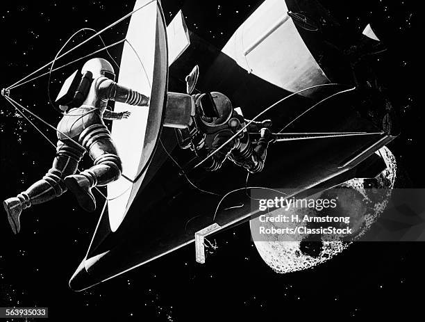 1960s WEIGHTLESS ASTRONAUTS EVA EXTRAVEHICULAR ACTIVITY ASSEMBLING REFLECTOR FOR SPACE STATION SCIENCE SCI-FI MOON