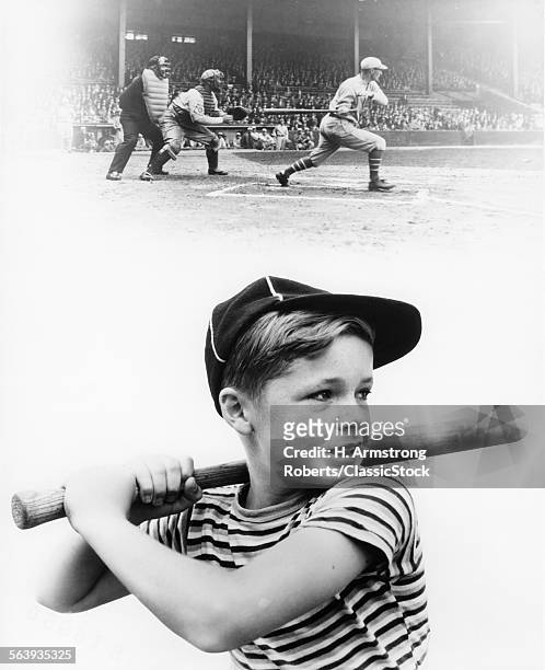 1930s MONTAGE OF BOY AT BAT DAYDREAMING ABOUT A PROFESSIONAL BASEBALL GAME IN PROGRESS
