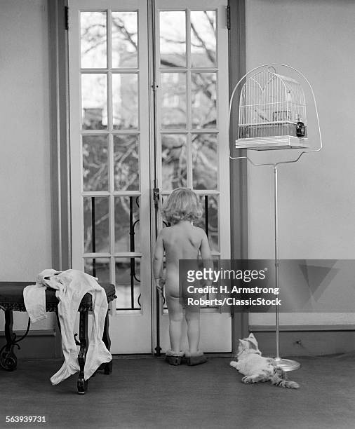 1950s YOUNG GIRL NUDE BACK TO CAMERA FACING OUT WINDOW CLOTHES BESIDE HER CAT AND BIRD IN BIRDCAGE NEXT TO HER