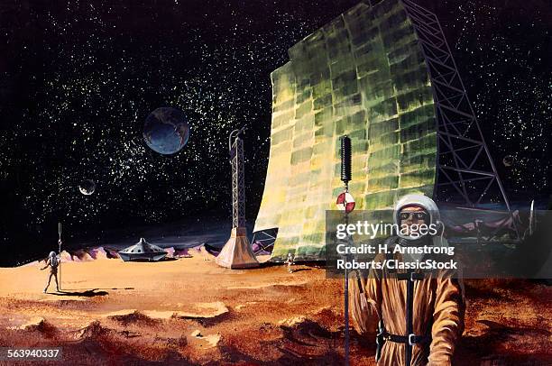 1960s ILLUSTRATION ASTRONAUTS ON EARTHS MOON SPACEMAN SURVEYORS EXPLORERS SCI-FI SCIENCE FICTION FANTASY