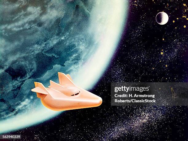 1960s ILLUSTRATION OF M-2 WINGLESS SPACE SHIP VEHICLE LEAVING EARTH ORBIT