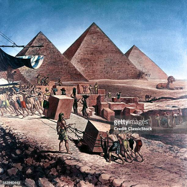 ILLUSTRATION SEVEN WONDERS OF THE ANCIENT WORLD 2150 BC PYRAMIDS OF EGYPT SLAVES WORKERS MOVING LARGE STONES UP RAMP