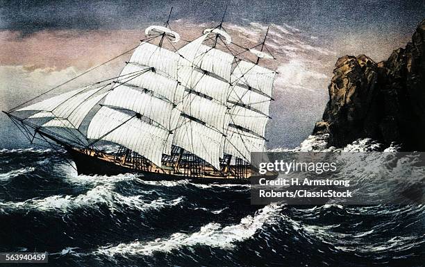 1800s CURRIER AND IVES LITHOGRAPH OFF A LEE SHORE SQUARE RIGGED SAILING SHIP IN DANGER IN ROUGH WATER