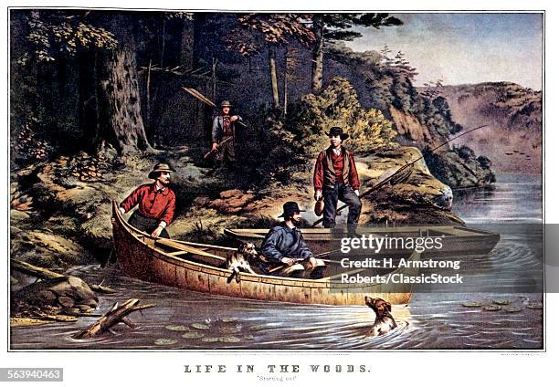 CURRIER AND IVES LITHOGRAPH 1860 LIFE IN THE WOODS STARTING OUT BEGINNING HUNTING FOUR MEN TWO CANOES STREAM WOODS