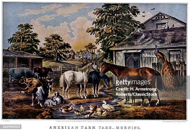 AMERICAN FARMYARD - MORNING CURRIER & IVES PRINT - 1857