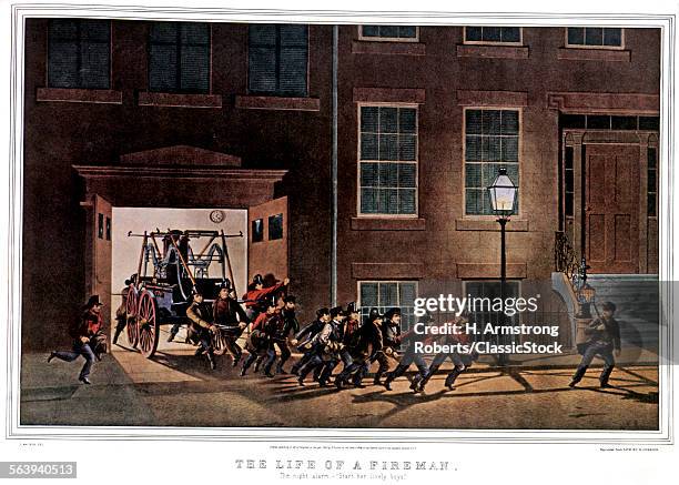 LIFE OF A FIREMAN THE NIGHT ALARM START HER LIVELY BOYS CURRIER & IVES - 1854