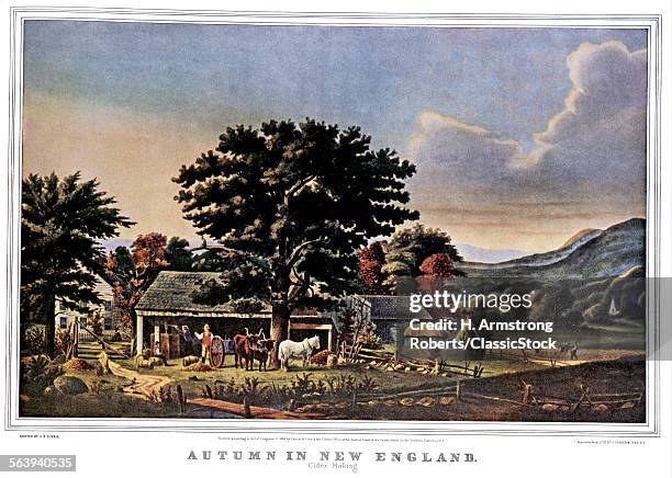 1860s AUTUMN IN NEW ENGLAND CIDER MAKING CURRIER & IVES PRINT - 1866