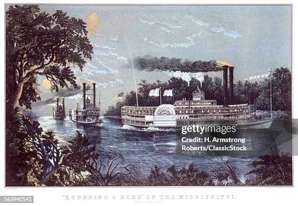 ROUNDING A BEND ON MISSISSIPPI RIVER PARTING SALUTE PADDLE WHEEL STEAMBOATS CURRIER & IVES LITHOGRAPH 1866