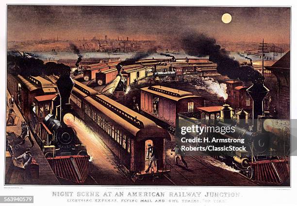 1870s 1876 NIGHT SCENE AT AN AMERICAN RAILWAY JUNCTION CURRIER & IVES PRINT
