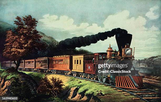 1800s 1860s CURRIER IVES AMERICAN EXPRESS TRAIN SPEWING DARK SMOKE STEAM LOCOMOTIVE STEAMBOAT IN DISTANCE