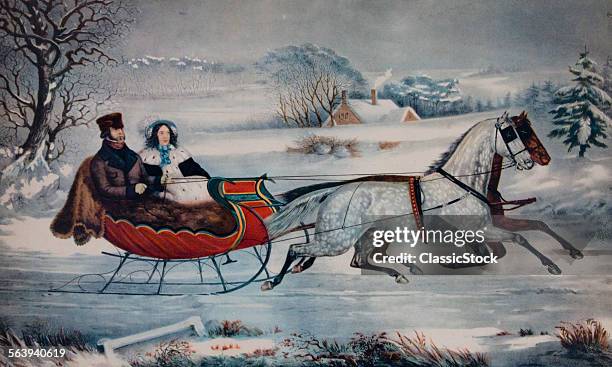 1800s 1850s CURRIER IVES LITHOGRAPH MAN WOMAN IN HORSE DRAWN SLEIGH WINTER LANDSCAPE THE ROAD WINTER 1853