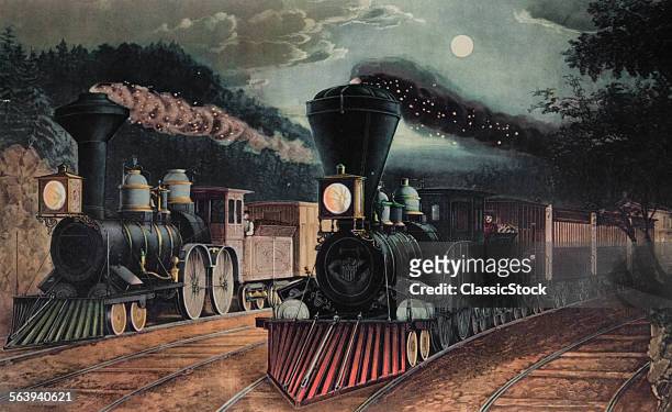 1800s 1860s LIGHTNING EXPRESS TRAINS TWO STEAM LOCOMOTIVES LEAVING JUNCTION AT NIGHT FULL MOON 1863