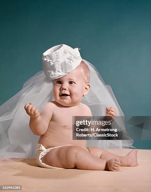 1960s BABY BRIDE WEARING BRIDAL VEIL AND CLOTH DIAPER