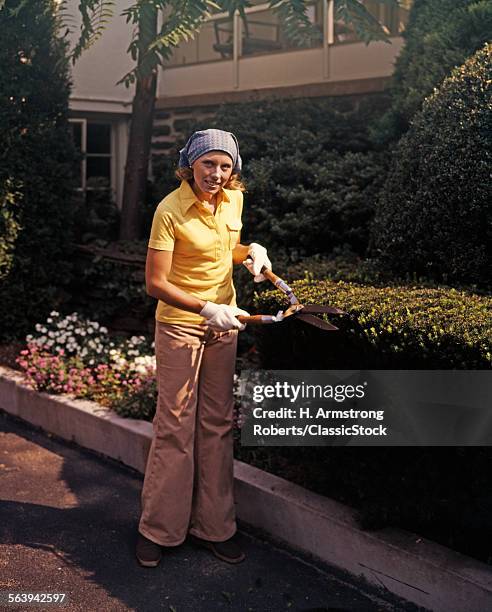 1970s WOMAN USING GARDEN CLIPPERS TRIMMING BOXWOOD HEDGE WEARING BELLBOTTOMS